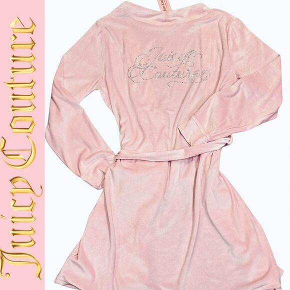 Juicy Couture Rhinestone Script Logo Velour Robe- Lola Pink - Picture 1 of 7